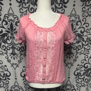 00s/Y2KEyelash Couture Pink Lace Front Ruffle Blouse Short Sleeve Small